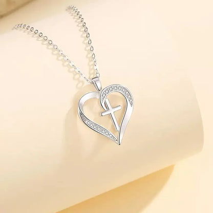 S925 Sterling Silver Cross Necklace Heart Necklaces for Women Cross Chain Jewelry Gifts （With Gift Box)