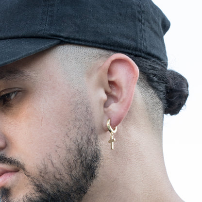 Mens Solid Gold Plated Sterling Silver Cross Dangle Hoop Huggie Earrings