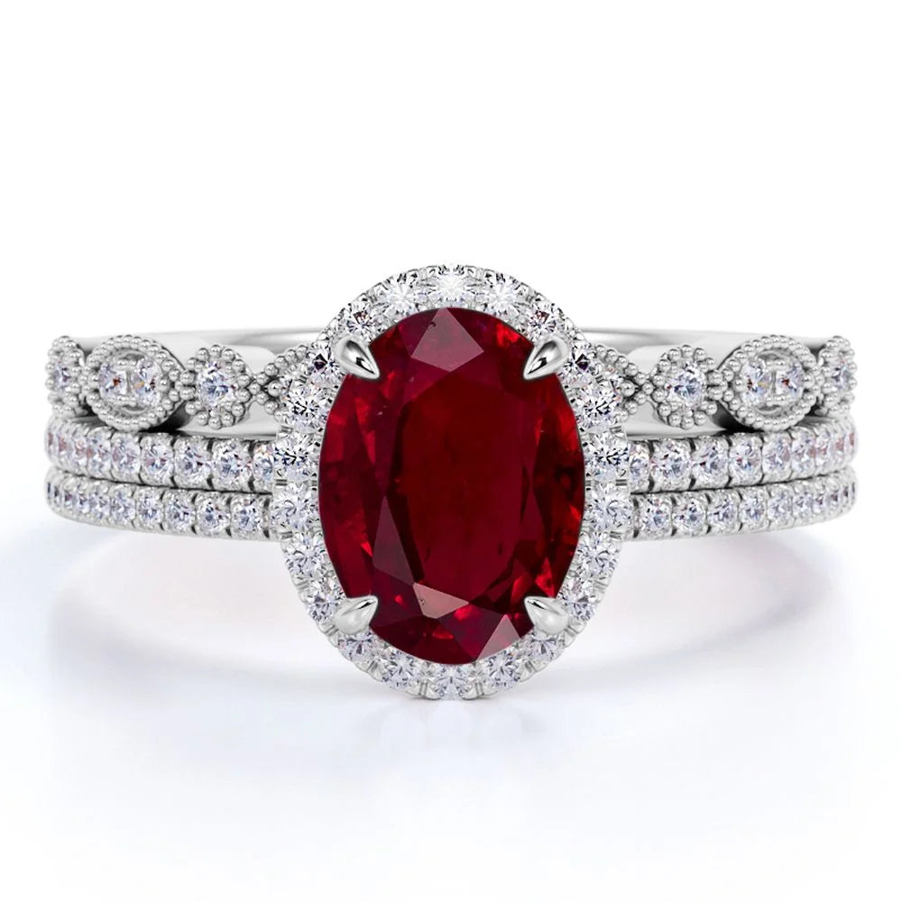 2 Carat Oval Antique Pigeon Blood Lab Created Ruby Trio Ring Set in 18K White Gold over Silver