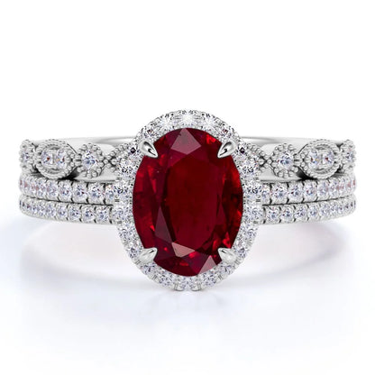 2 Carat Oval Antique Pigeon Blood Lab Created Ruby Trio Ring Set in 18K White Gold over Silver