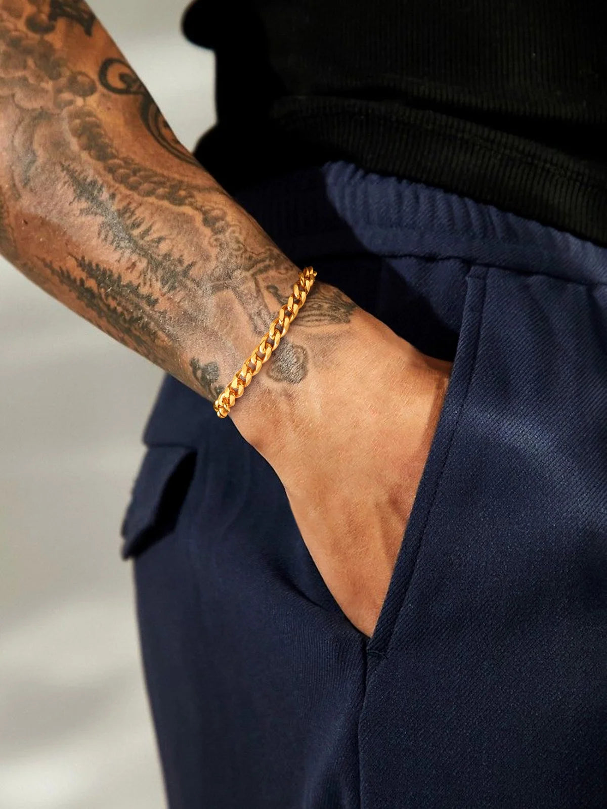Men Chain Bracelet Gold Plated Cuban Curb Bracelet 6MM 8.3 Inch Wrist Bracelet Mens Stainless Steel Jewelry