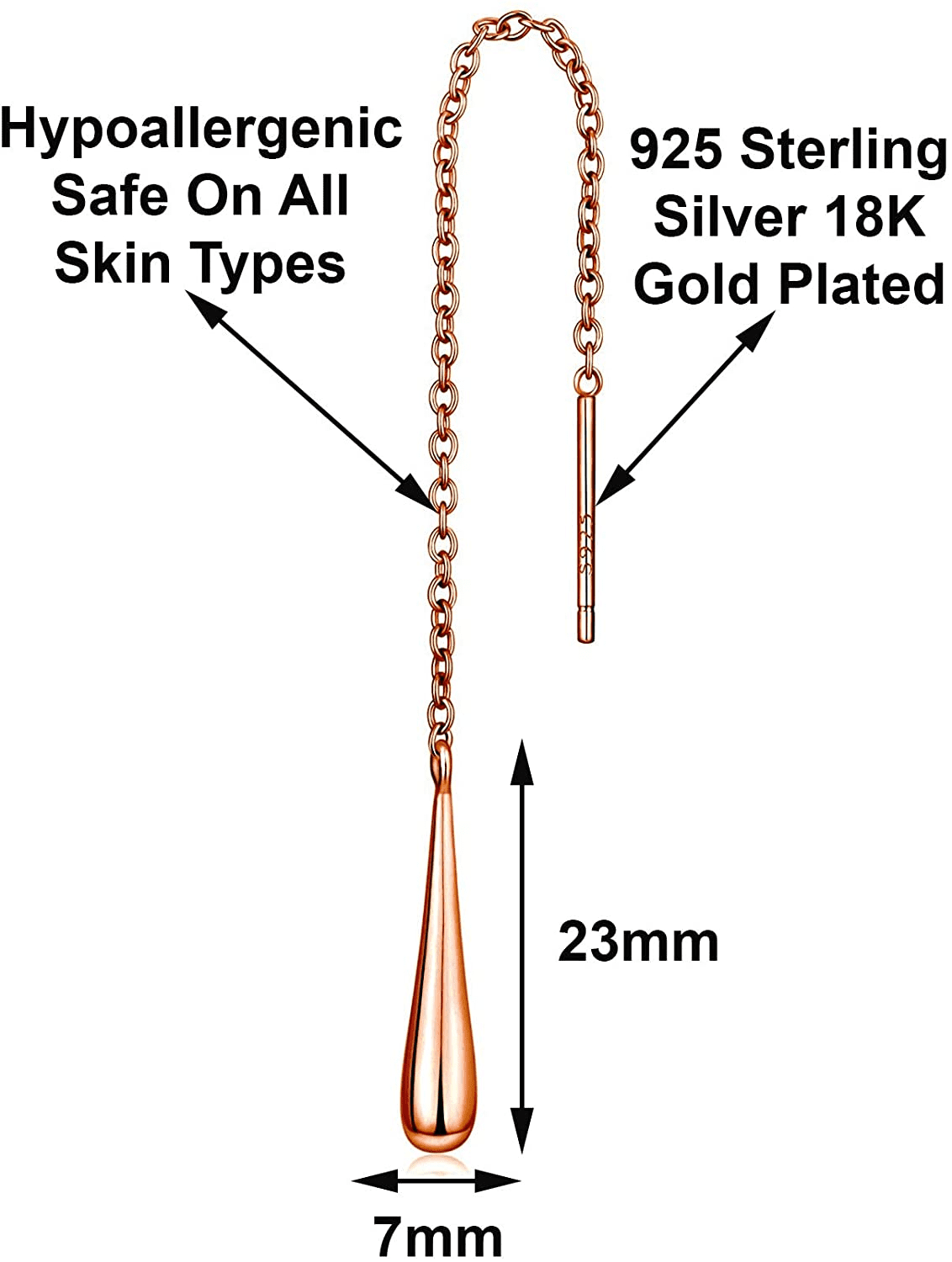 Teardrop 925 Sterling Silver 18K Gold Plated Long Chain Threader Dangle Drop Earrings for Women Comes in White Gold, Yellow Gold, & Rose Gold Colors Comes with  Gift Box