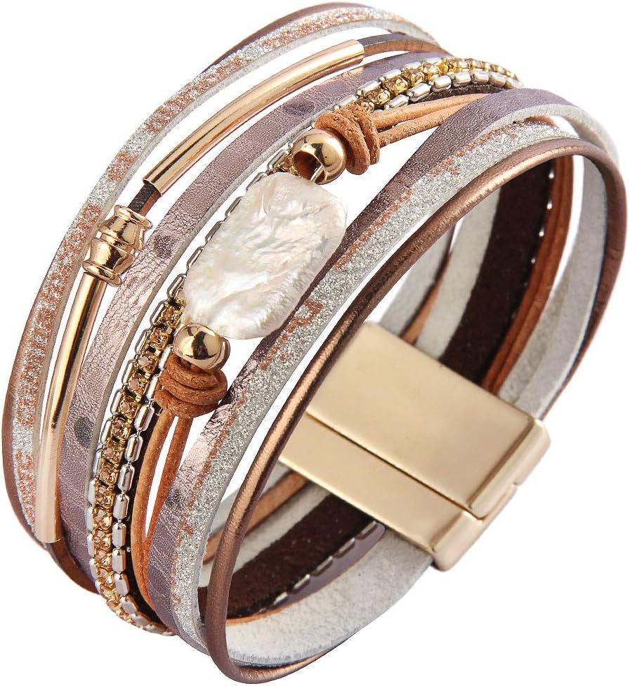 Womens Leather Cuff Bracelet Baroque Pearl Wrap Bracelets Gorgeous Gold Tube Bangle Handmade Wristbands Jewelry Bohemian Gift for Women
