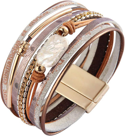 Womens Leather Cuff Bracelet Baroque Pearl Wrap Bracelets Gorgeous Gold Tube Bangle Handmade Wristbands Jewelry Bohemian Gift for Women