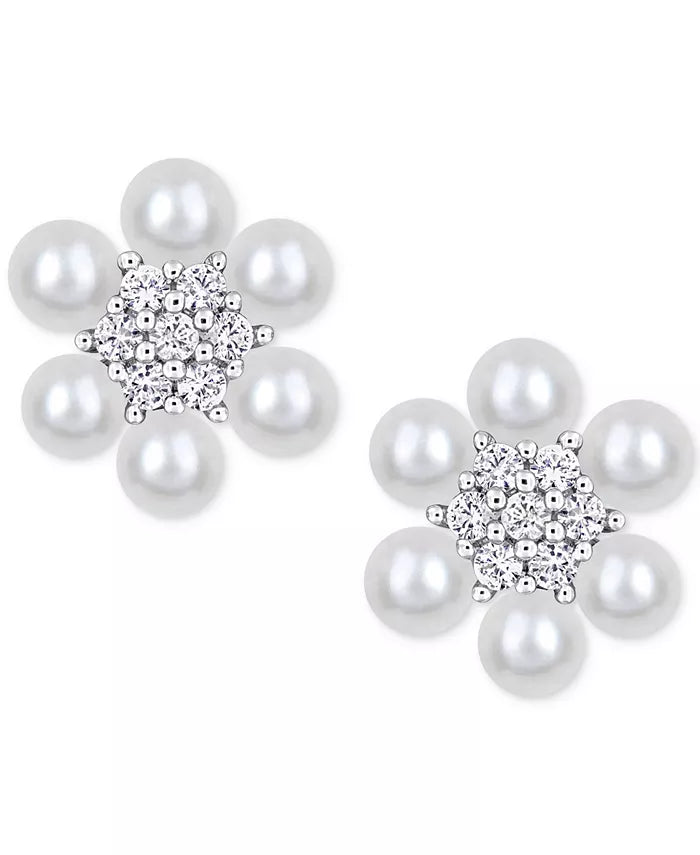 Cultured Freshwater Pearl (3-3-1/2Mm) & Lab-Created White Sapphire (1/3 Ct. T.W.) Flower Cluster Stud Earrings in Sterling Silver