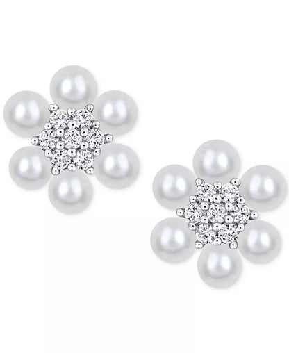 Cultured Freshwater Pearl (3-3-1/2Mm) & Lab-Created White Sapphire (1/3 Ct. T.W.) Flower Cluster Stud Earrings in Sterling Silver
