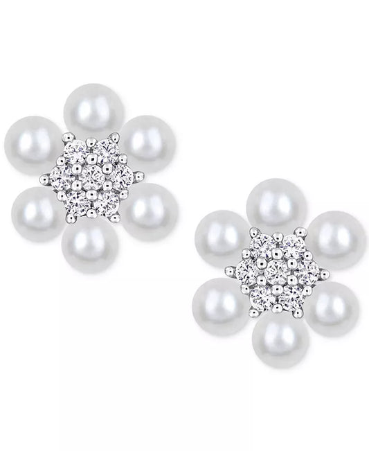 Cultured Freshwater Pearl (3-3-1/2Mm) & Lab-Created White Sapphire (1/3 Ct. T.W.) Flower Cluster Stud Earrings in Sterling Silver