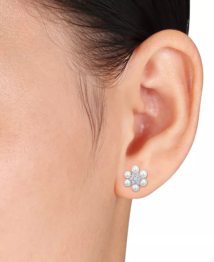 Cultured Freshwater Pearl (3-3-1/2Mm) & Lab-Created White Sapphire (1/3 Ct. T.W.) Flower Cluster Stud Earrings in Sterling Silver
