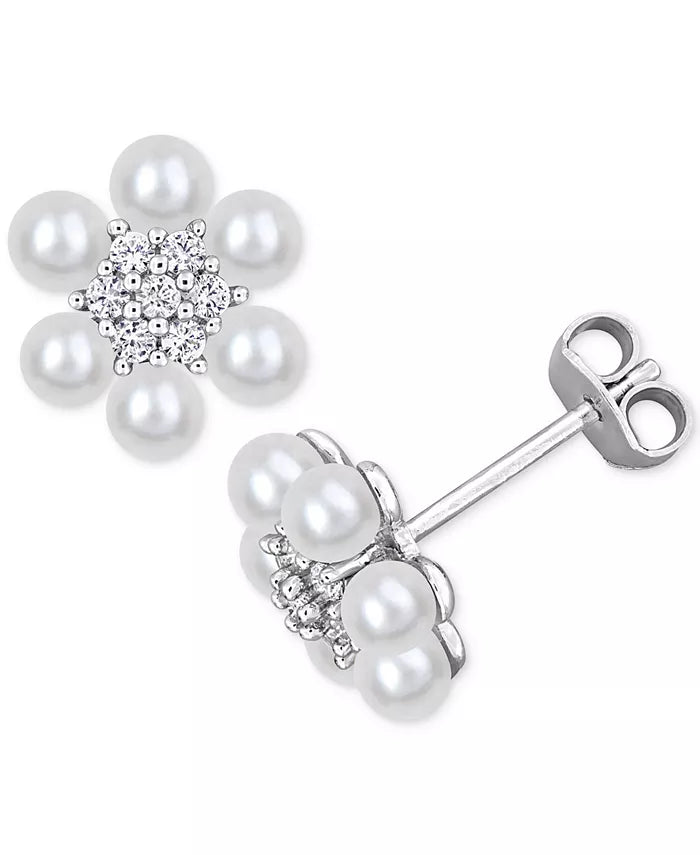 Cultured Freshwater Pearl (3-3-1/2Mm) & Lab-Created White Sapphire (1/3 Ct. T.W.) Flower Cluster Stud Earrings in Sterling Silver