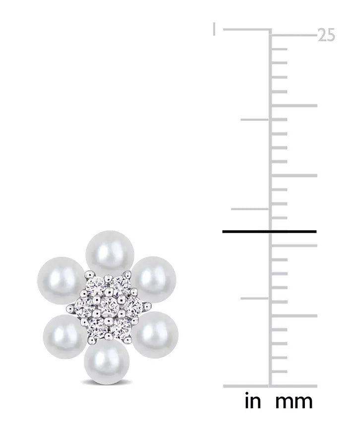 Cultured Freshwater Pearl (3-3-1/2Mm) & Lab-Created White Sapphire (1/3 Ct. T.W.) Flower Cluster Stud Earrings in Sterling Silver
