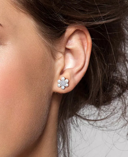 Cultured Freshwater Pearl (3-3-1/2Mm) & Lab-Created White Sapphire (1/3 Ct. T.W.) Flower Cluster Stud Earrings in Sterling Silver