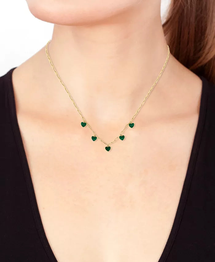 EFFYÂ® Malachite Heart Dangle Paperclip Link 16" Collar Necklace in 14K Gold