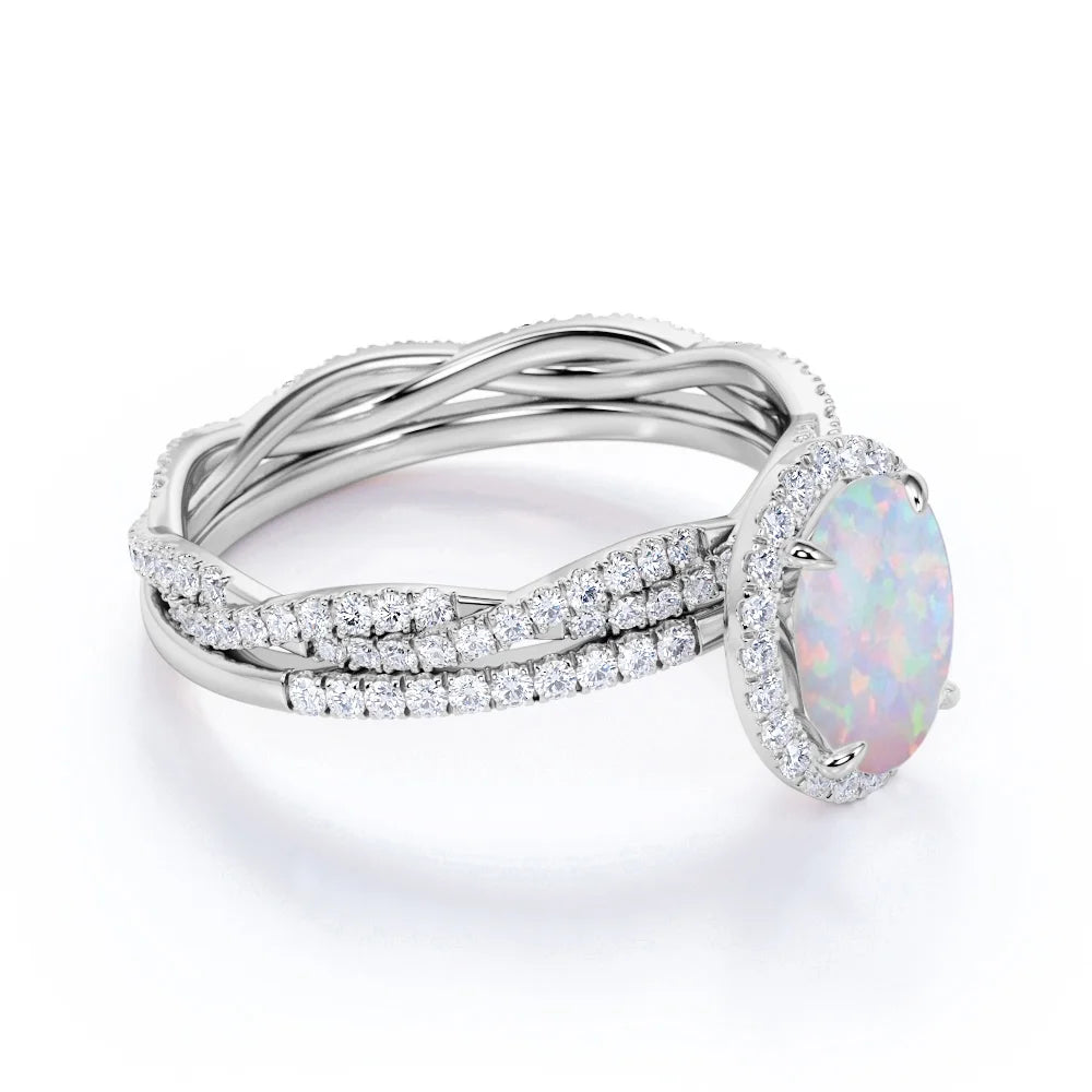 1.75 Ct Antique Oval Cut Opal and Moissanite Wedding Ring Set in 18K White Gold over Silver