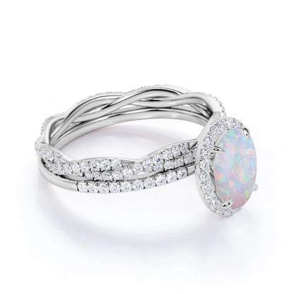 1.75 Ct Antique Oval Cut Opal and Moissanite Wedding Ring Set in 18K White Gold over Silver