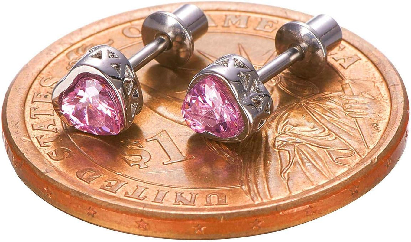 Earrings for Girls, Heart CZ Birthstone Hypoallergenic Earrings for Girls, Stud Screw on Safety Backs, Stainless Steel Ultra Sensitive Ears Post for Kids, Toddlers, Little Girls, Teens