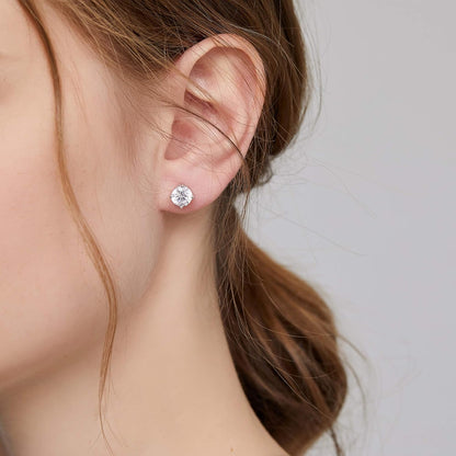 Men Stud Earrings, 18K White Gold Plated 4 Pong round CZ Earrings, 925 Sterling Silver Stud Earrings for Women/Men 3MM-8MM Available