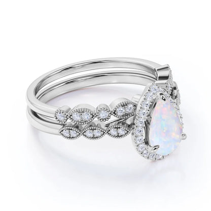 Vintage 1.5 Carat Pear Cut Opal and Moissanite Wedding Ring Set in 18K White Gold over Silver