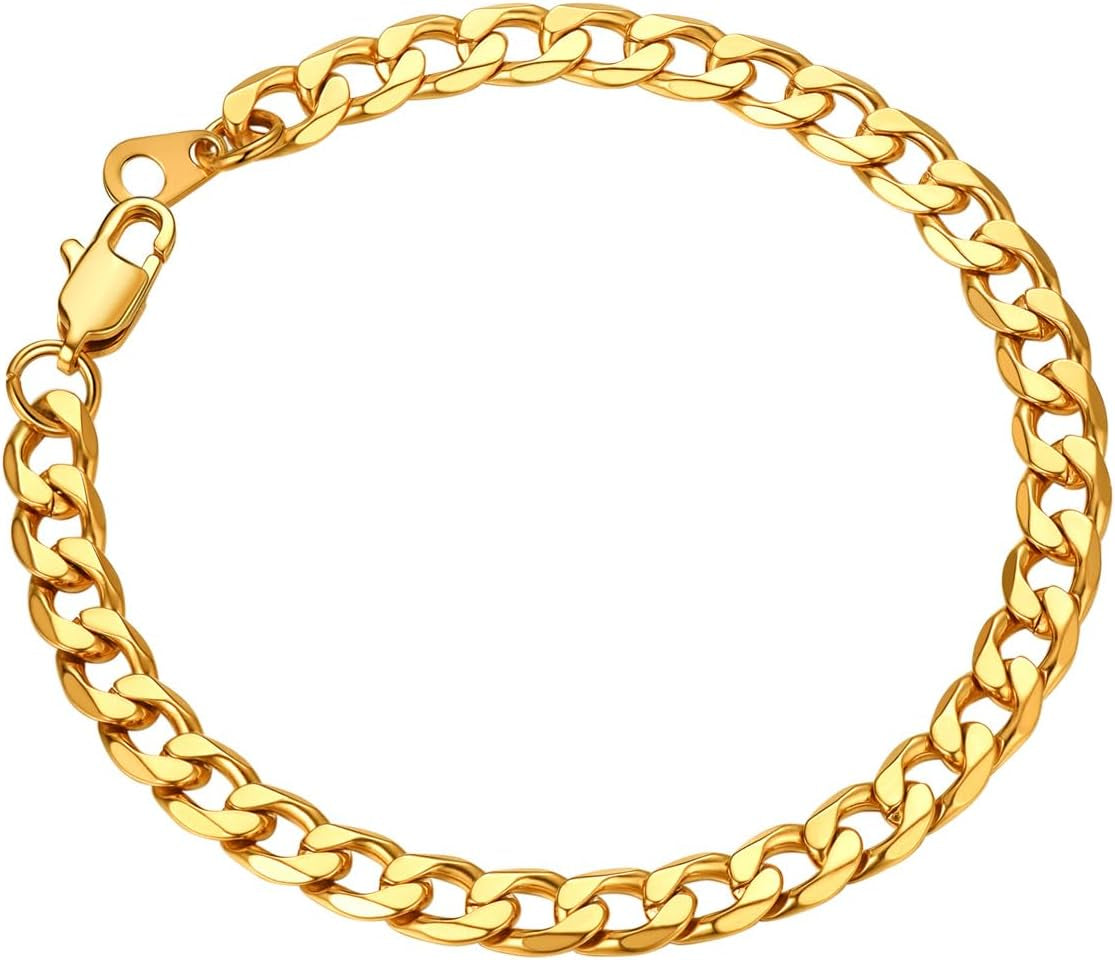 Men Chain Bracelet Gold Plated Cuban Curb Bracelet 6MM 8.3 Inch Wrist Bracelet Mens Stainless Steel Jewelry