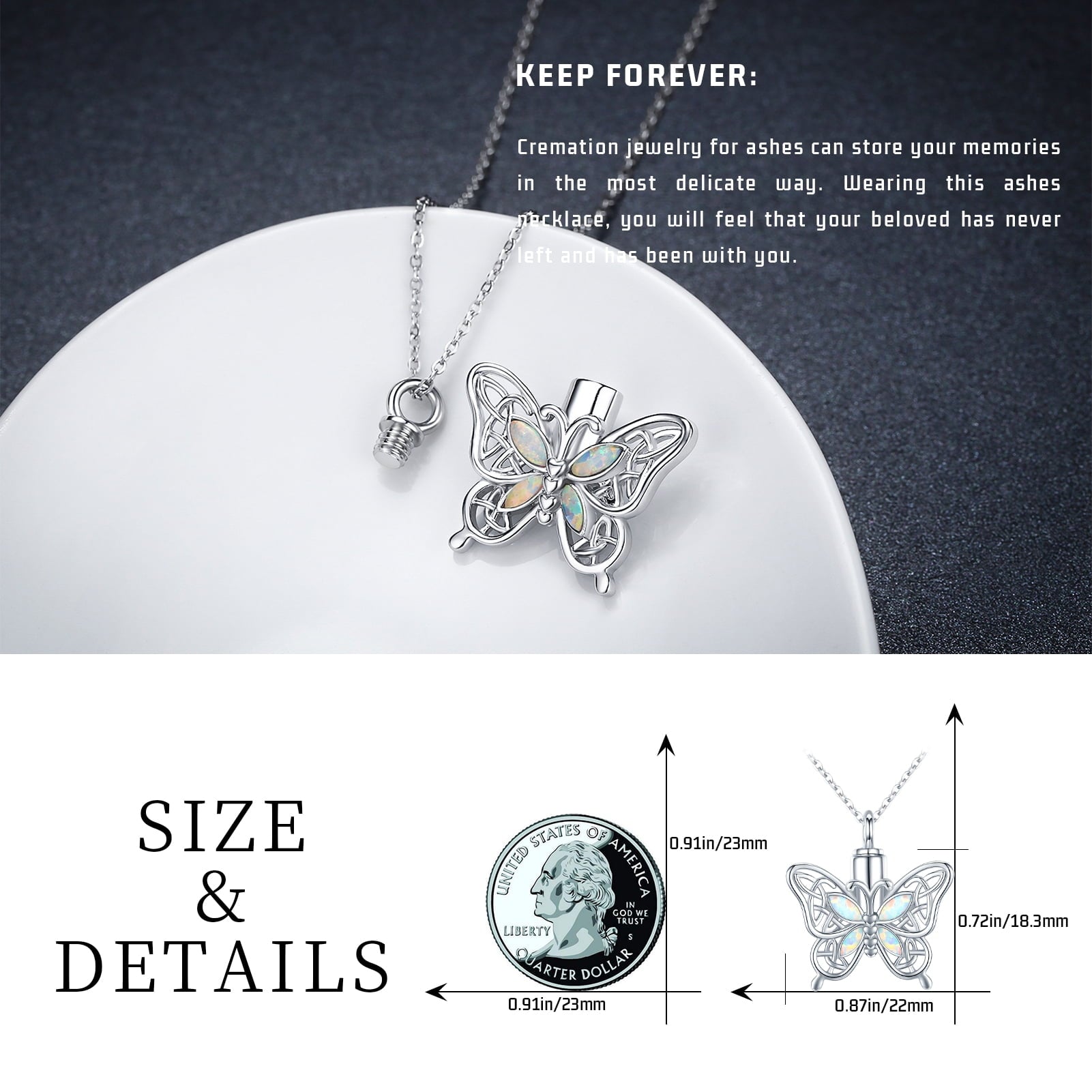 Opal Butterfly Urn Necklace for Ashes 925 Sterling Silver Celtic Knot Necklace Cremation Necklace for Ashes Keepsake Memorial Butterfly Cremation Jewelry Gifts for Women