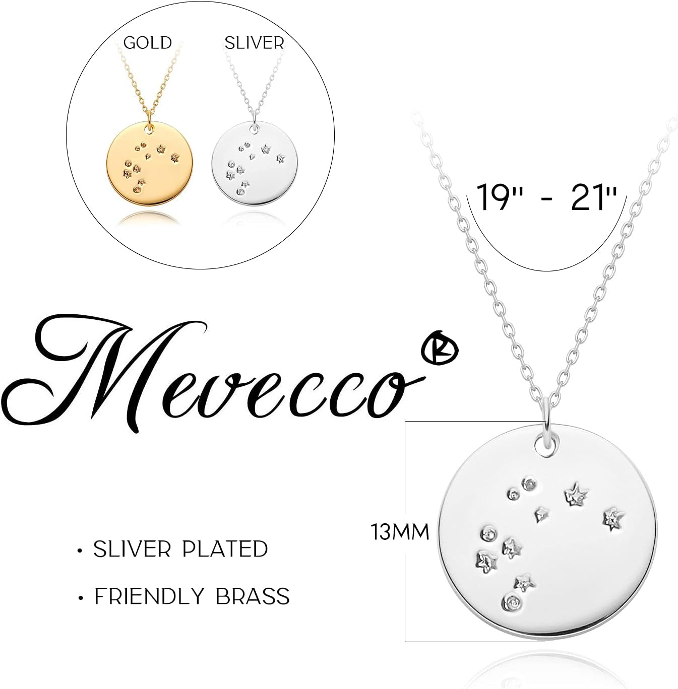 Gold Necklace Coin Disc Zodiac 12 Constellation Star Connected Engraved Horoscope Sign Astrology Pendant 18K Gold Plated Chain Dainty Personalized Simple Jewelry