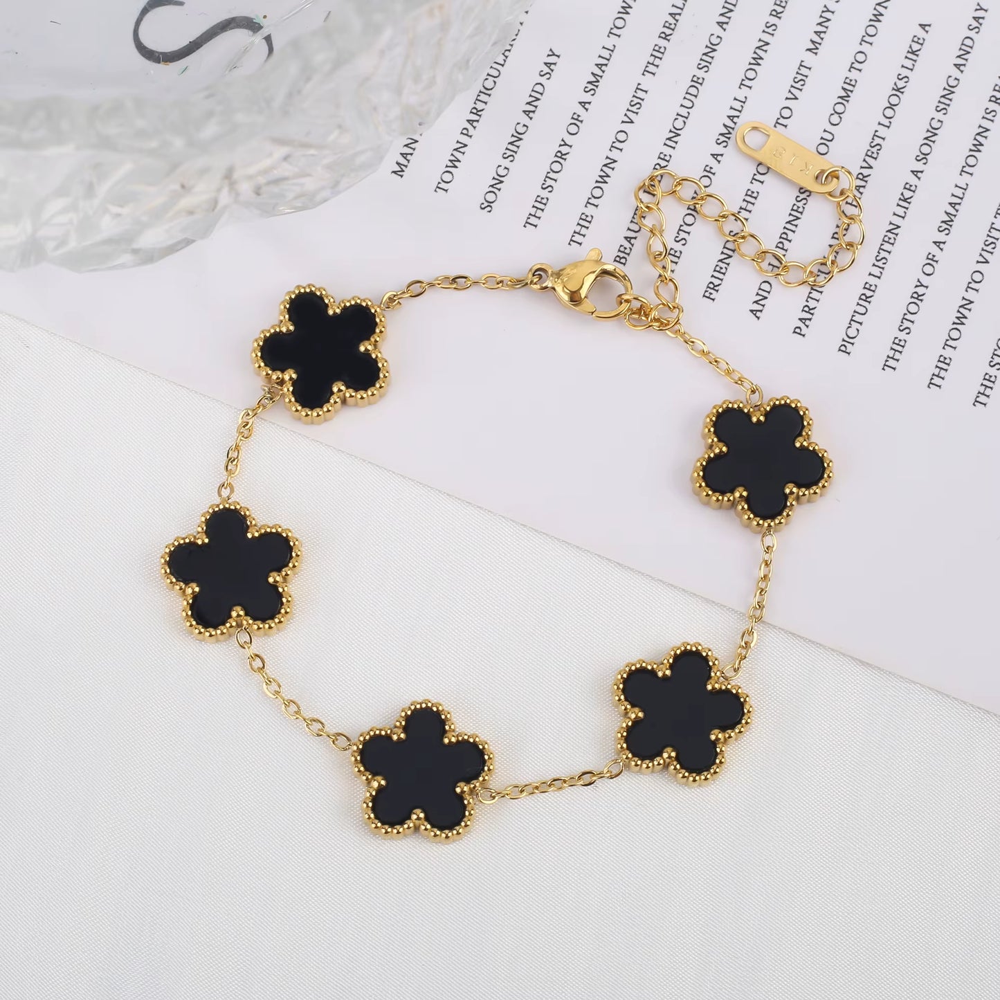Trend Clover Bracelet for Women Girls 14K Gold Plated Stainless Steel Five Leaf Flower Dainty Lucky Link Bracelets Party Jewelry