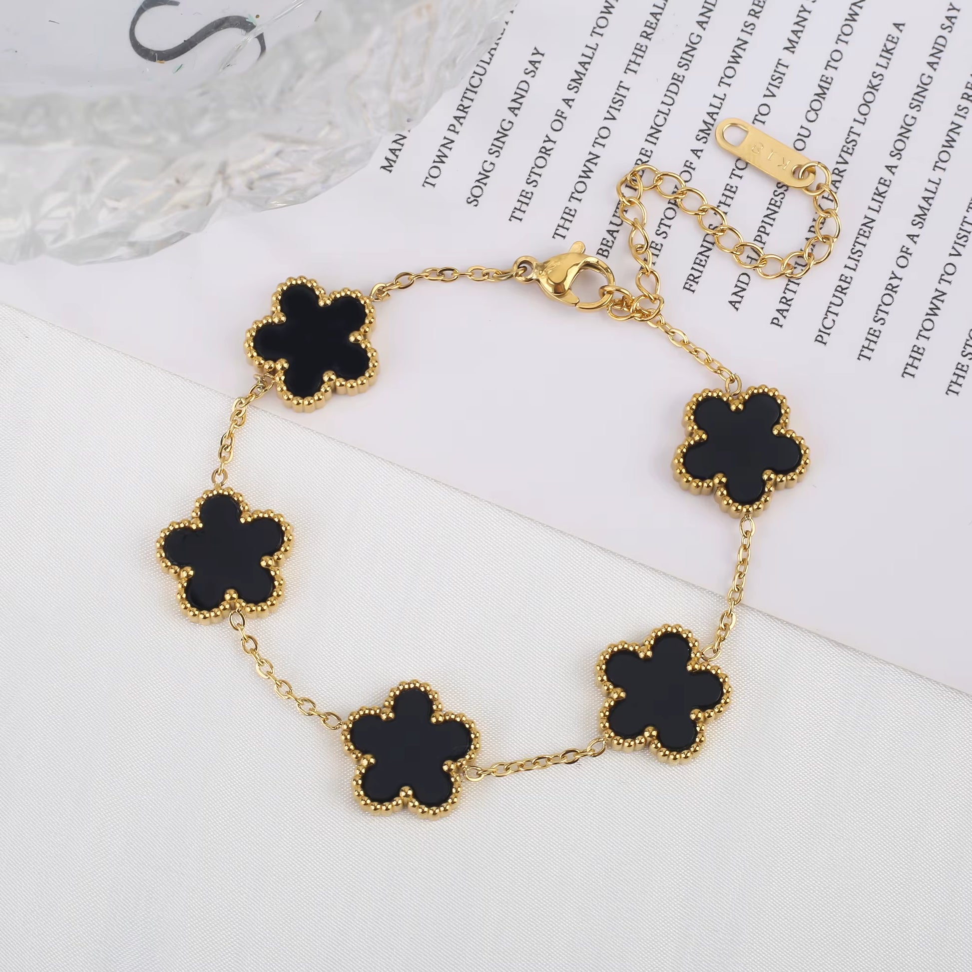 Trend Clover Bracelet for Women Girls 14K Gold Plated Stainless Steel Five Leaf Flower Dainty Lucky Link Bracelets Party Jewelry