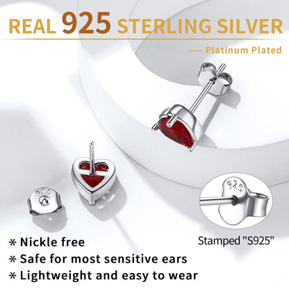 925 Sterling Silver Heart Birthstone Earrings, Synthetic Garnet Studs Cute Gift for Birthday Valentine'S Day, Party & Daily Wear Accessory for Women