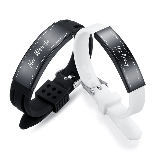 Stainless Steel and Silicone Couple Set Matching Bracelets, His Crazy Her Weird
