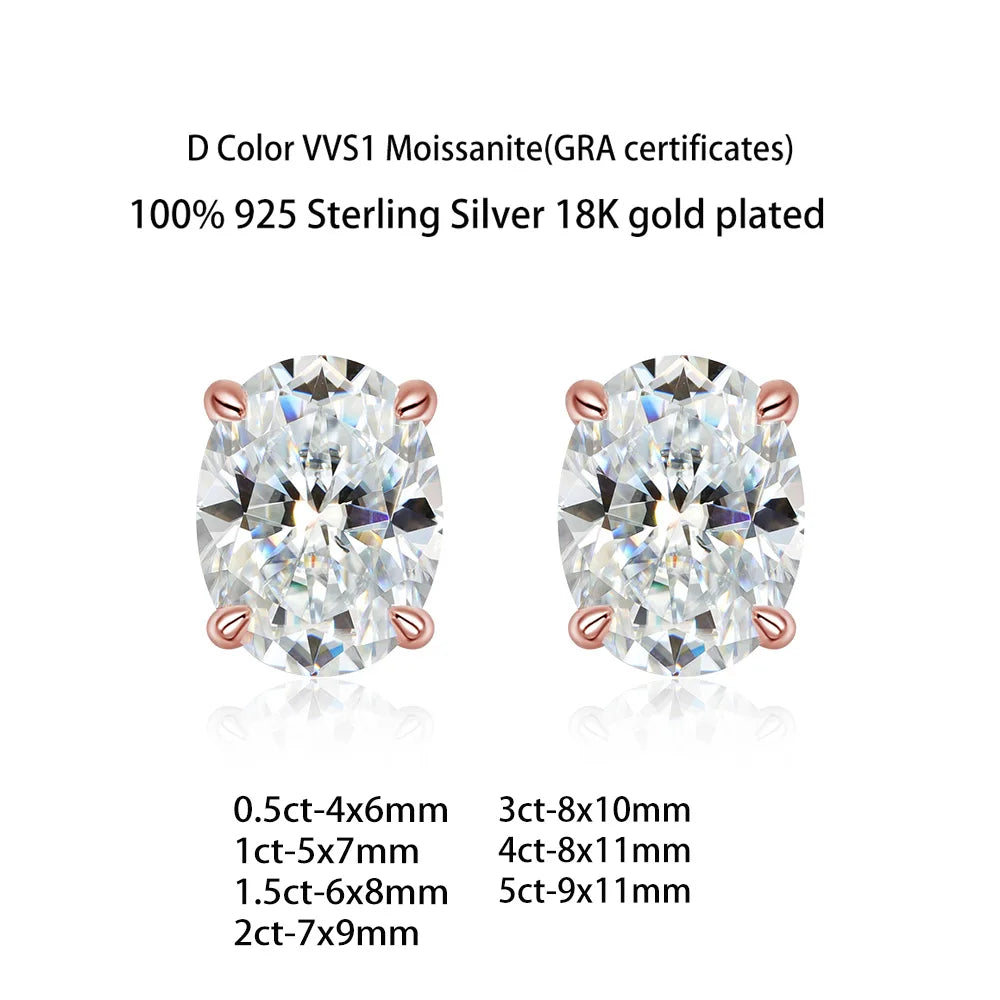4 Prong 0.5 Carat Oval Cut Moissanite Solitaire Stud Earrings in 18K Rose Gold Plating for Women