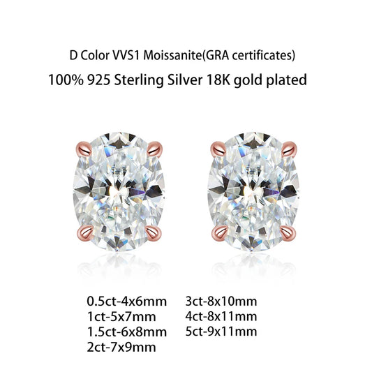 4 Prong 0.5 Carat Oval Cut Moissanite Solitaire Stud Earrings in 18K Rose Gold Plating for Women
