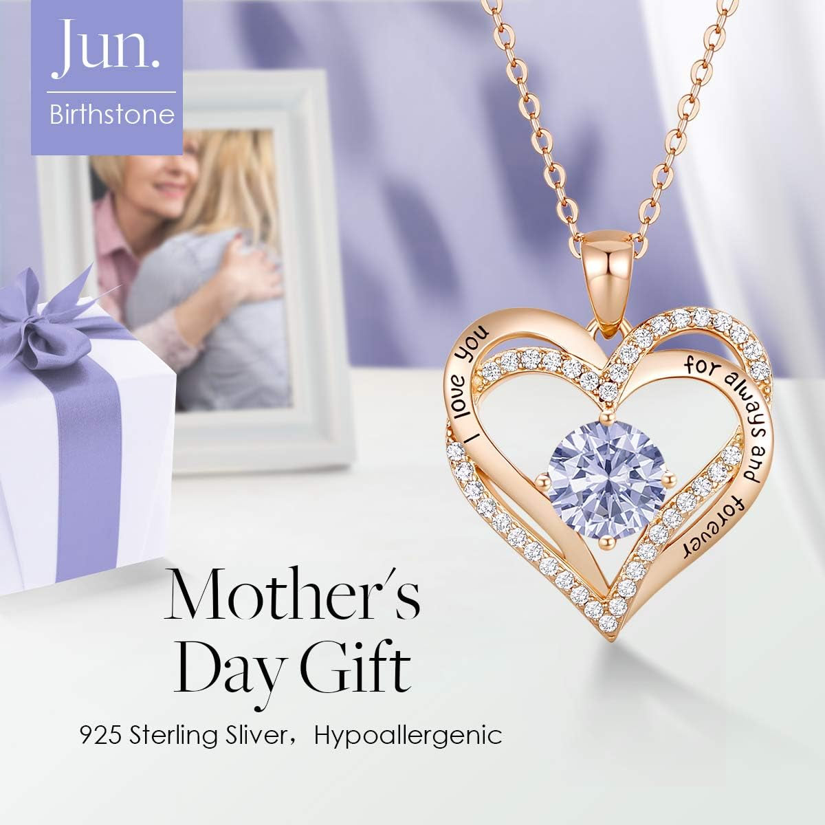 Forever Love Heart Necklaces for Women, Wedding Anniversary, Birthday Mothers Day Gifts for Mom, Mother, Wife, Girlfriend, S925 Silver Jewelry with Birthstone Pendant