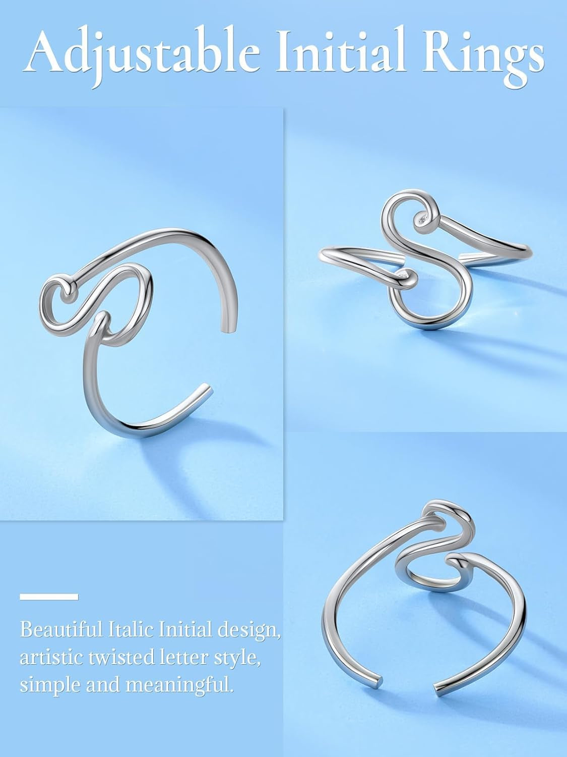 S925 Initial Rings, Adjustable Size 6-12 Statement Alphabet Letter A-Z Jewelry Personalized Twisted Initials Rings Sterling Silver Stacking Ring for Women