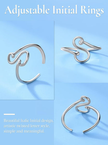 S925 Initial Rings, Adjustable Size 6-12 Statement Alphabet Letter A-Z Jewelry Personalized Twisted Initials Rings Sterling Silver Stacking Ring for Women