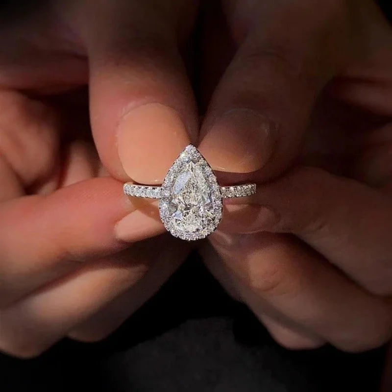 Trendy Silver Plated Stainless Steel Rings for Women Water Drop Zircon Wedding Ring Jewelry Accessories