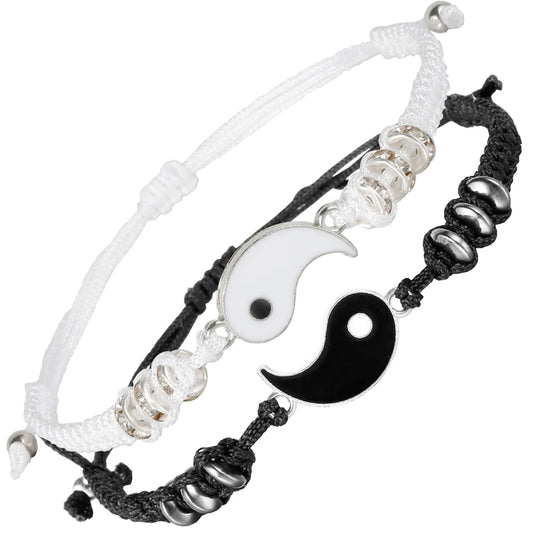 Couple Bracelets for 20 Matching Yin Yang Adjustable Cord Bracelet for Bff Friendship Relationship Boyfriend Girlfriend Valentines Gift (Silver)