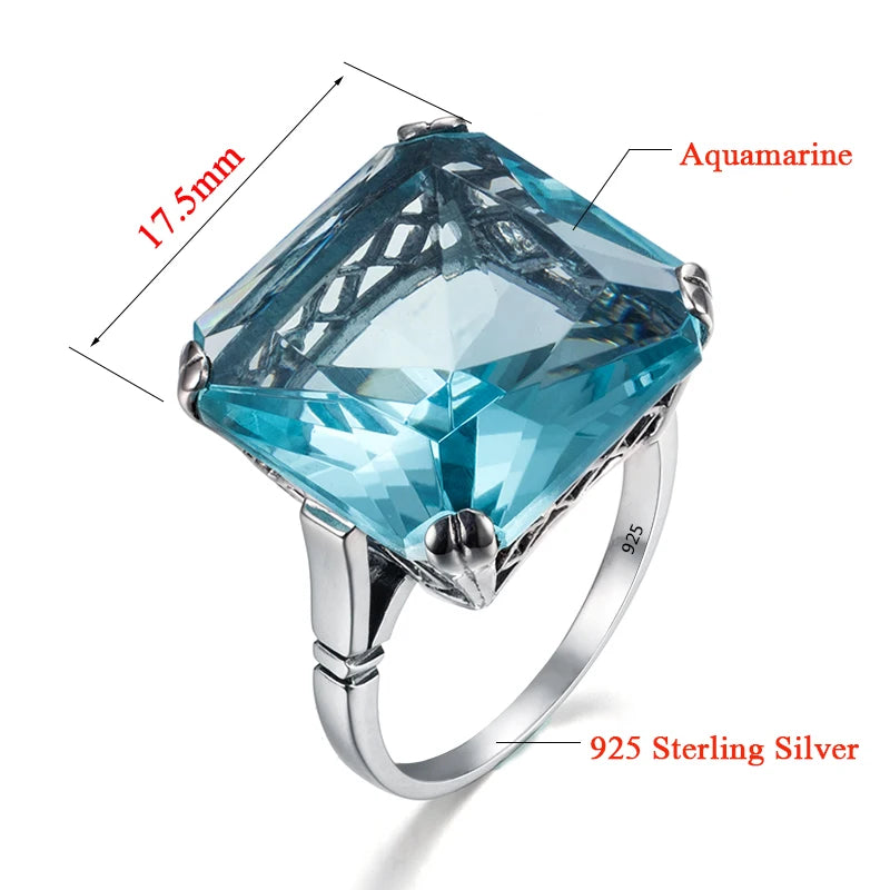 Original 925 Sterling Silver Aquamarine Gemstone Ring for Women Vintage Sparkling Birthstone Square Big Stone Jewelry Handmade