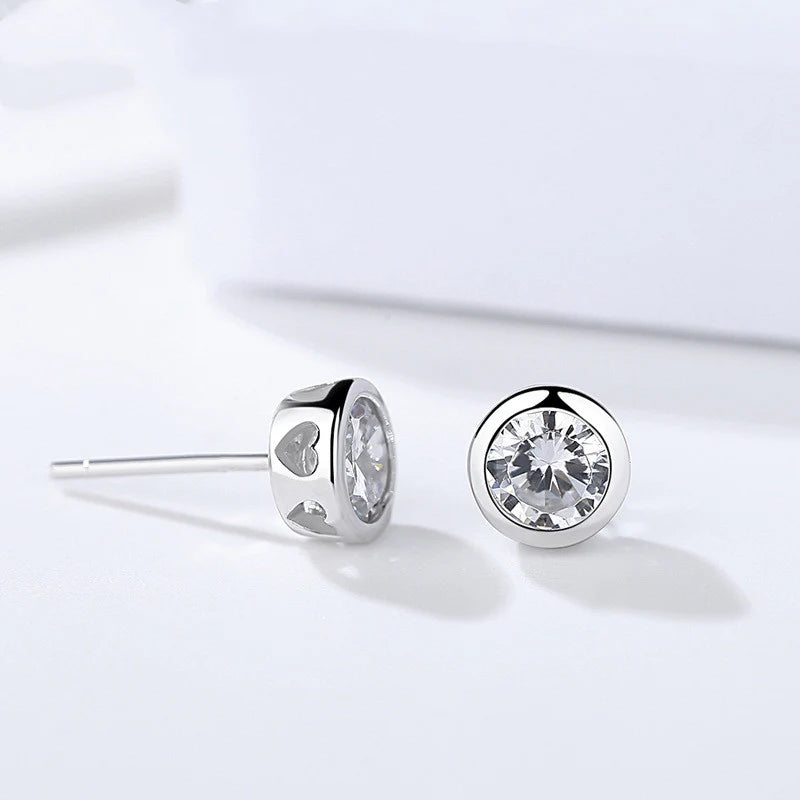 Round Zircon Stud Earrings - Silver Plated