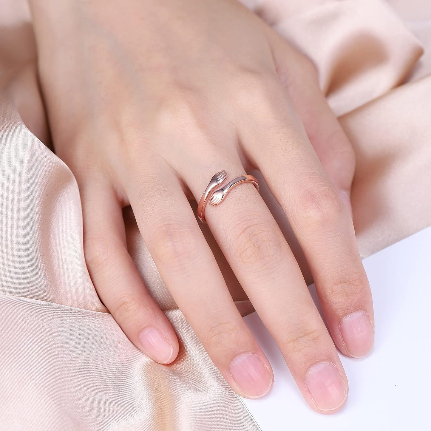 Sterling Silver Adjustable Hug Ring - White Gold/Rose Gold Plated Couple Hugging Band for Women Men'S Wedding - Turquoise Hand Jewelry for Her