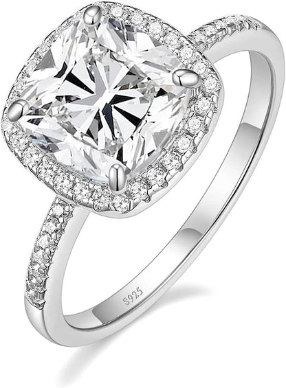 3.5CT 925 Sterling Silver Rings Cushion Cut Cubic Zirconia CZ Engagement Wedding Bands for Women Promise Rings for Her Size 3-11