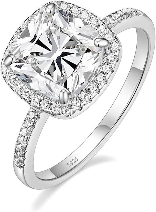 3.5CT 925 Sterling Silver Rings Cushion Cut Cubic Zirconia CZ Engagement Wedding Bands for Women Promise Rings for Her Size 3-11