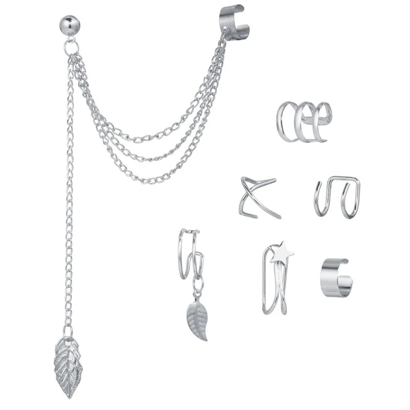 7Pcs Ear Cuff Fake Lip Helix Cartilage Clip on Wrap Earrings Kit Non Piercing Tassel Drop Earrings Jewelry Set for Women