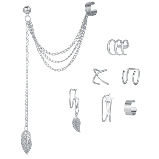 7Pcs Ear Cuff Fake Lip Helix Cartilage Clip on Wrap Earrings Kit Non Piercing Tassel Drop Earrings Jewelry Set for Women