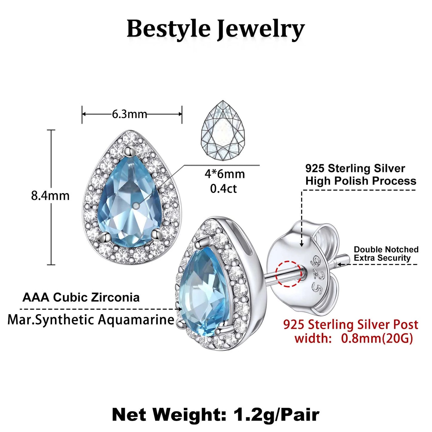 925 Sterling Silver Birthstone Stud Earrings for Women, Sparking March Teardrop Cut Diamond Earrings for Sensitive Ears