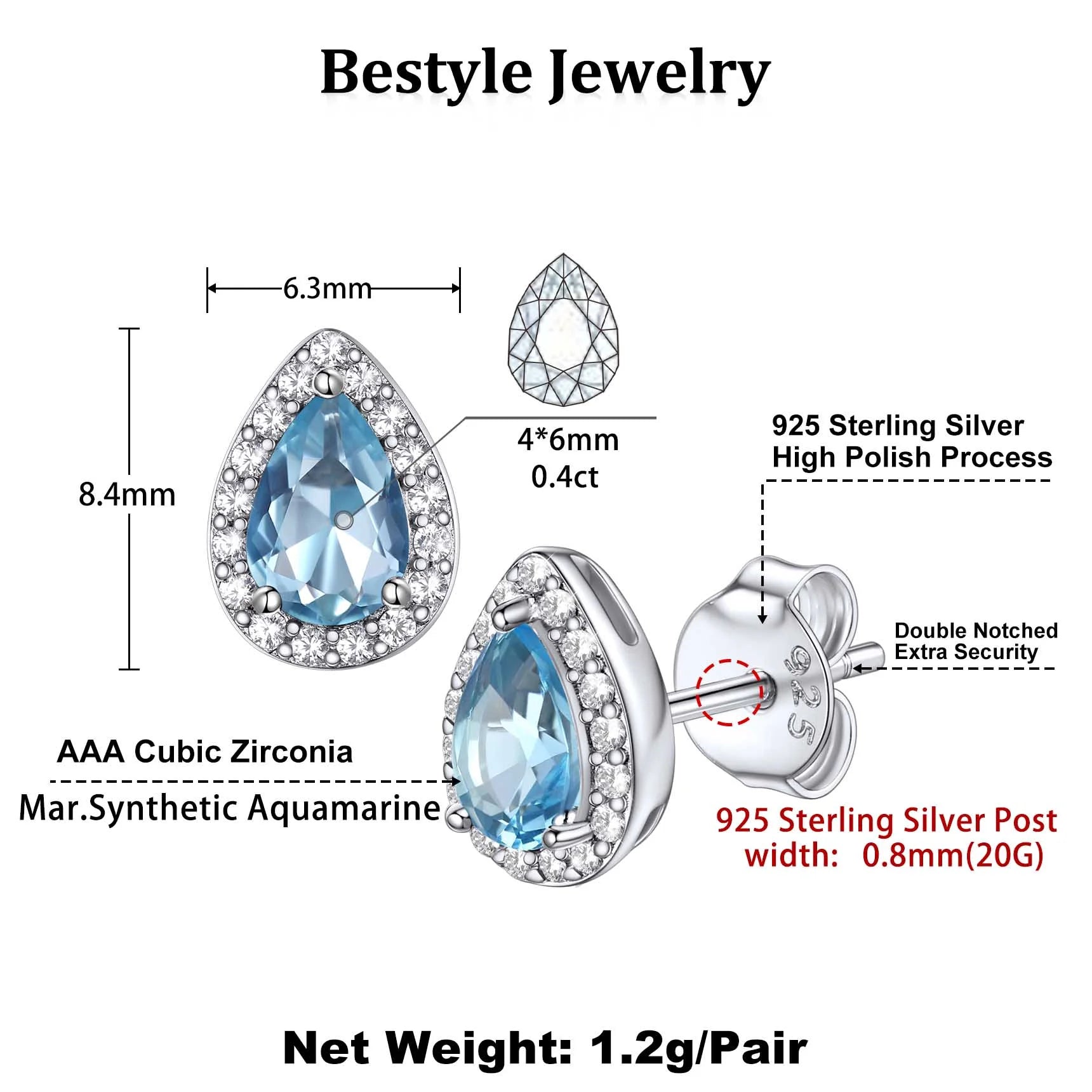 925 Sterling Silver Birthstone Stud Earrings for Women, Sparking March Teardrop Cut Diamond Earrings for Sensitive Ears