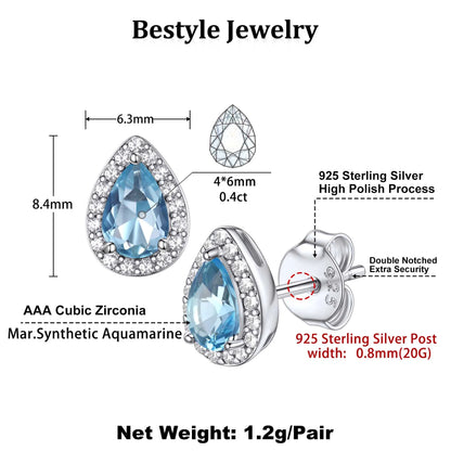 925 Sterling Silver Birthstone Stud Earrings for Women, Sparking March Teardrop Cut Diamond Earrings for Sensitive Ears