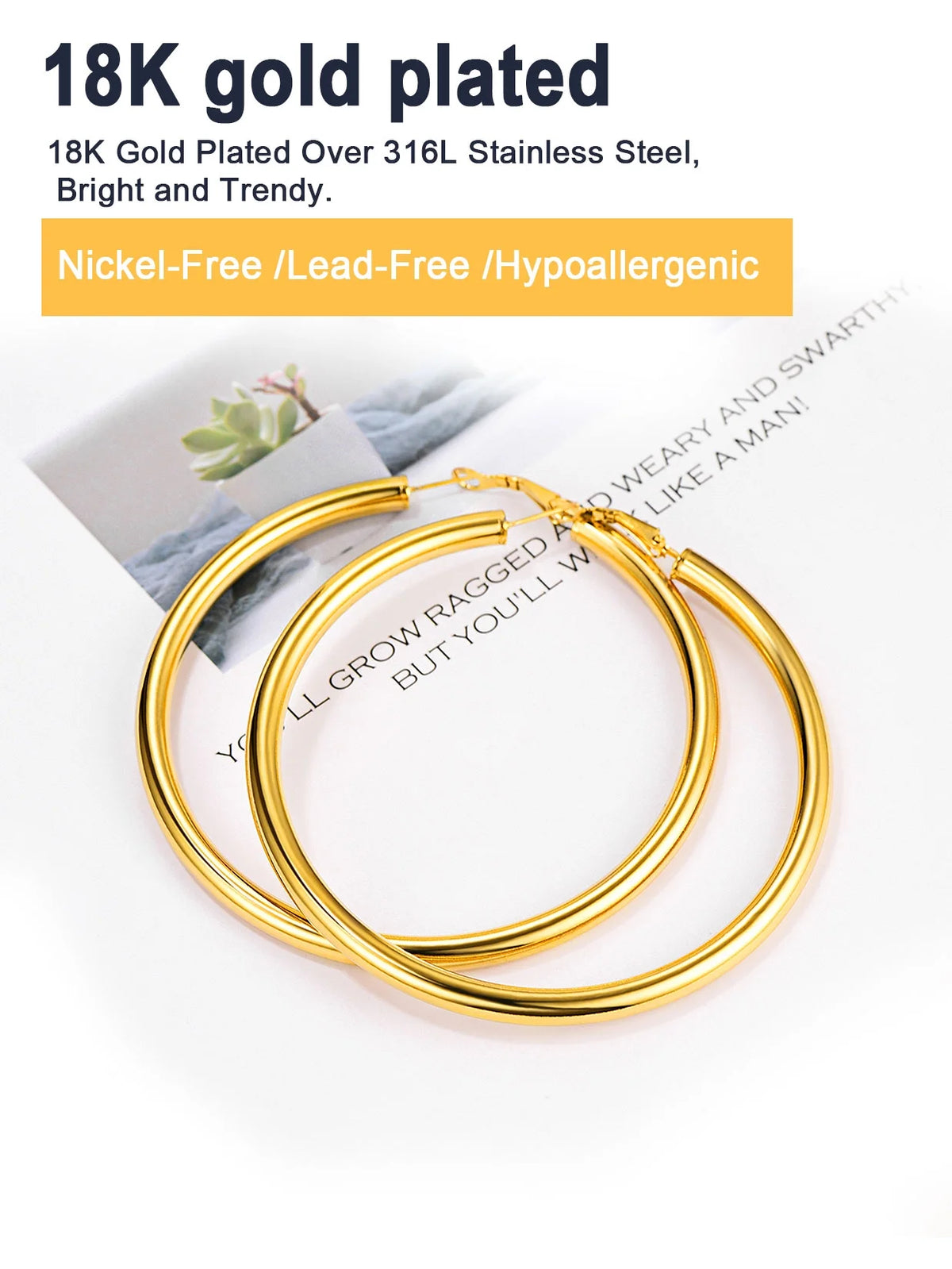 Chunky Hoop Earrings for Women Stainless Steel Jewelry 14K Gold Plated Large Earring 80Mm Birthday Christmas Gift for Daughter Wife