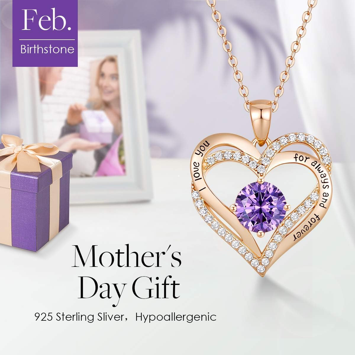 Forever Love Heart Necklaces for Women, Wedding Anniversary, Birthday Mothers Day Gifts for Mom, Mother, Wife, Girlfriend, S925 Silver Jewelry with Birthstone Pendant