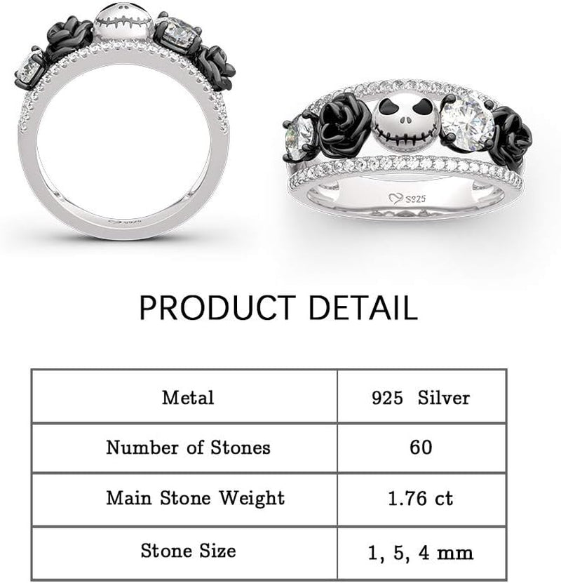 1.76 Ct Skull Wedding Band 925 Sterling Silver Diamond Eternity Rings Rose Flower Engagement Rings Anniversary Promise Romantic Jewelry Gift