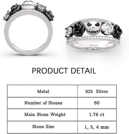 1.76 Ct Skull Wedding Band 925 Sterling Silver Diamond Eternity Rings Rose Flower Engagement Rings Anniversary Promise Romantic Jewelry Gift