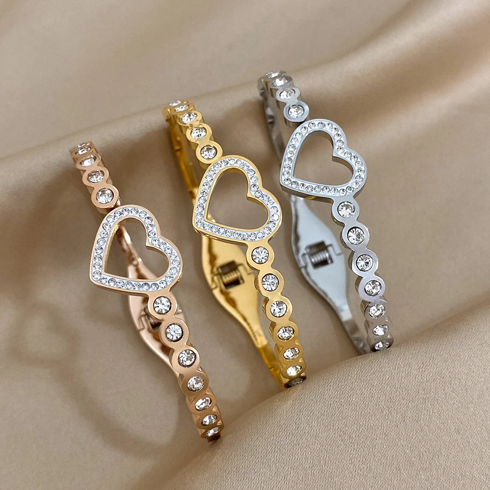 Love Matching Bracelet Femme Luxe Rhinestone Heart Stainless Steel Bangle 18K Gold Plated Couple Charm Bracelets Jewelry Gift